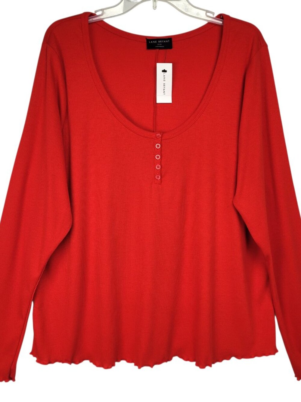Lane Bryant Henley Top Women's 22/24 Red Ribbed Long Sleeve Lettuce Hem Colorful
